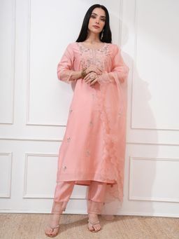 VISHUDH - Women Peach Floral Kurta with Pant & Dupatta (Set of 3)