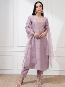 VISHUDH - Women Mauve Floral Kurta with Pant & Dupatta (Set of 3)