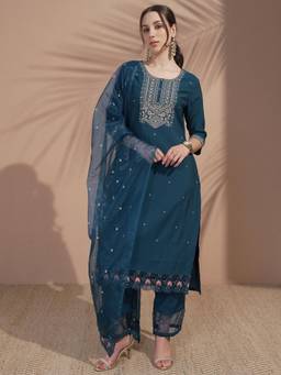 VISHUDH - Women Teal Embroidered Kurta with Pant & Dupatta (Set of 3)