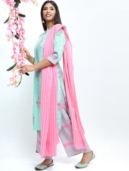 VISHUDH - Women Green Floral Kurta with Palazzo & Dupatta (Set of 3)