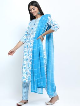 VISHUDH - Women Blue Geometric Kurta with Pant & Dupatta (Set of 3)