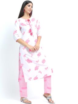 VISHUDH - Women Pink Floral Kurta with Pant & Dupatta (Set of 3)