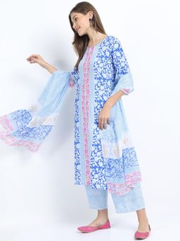 VISHUDH - Women Blue Floral Kurta with Palazzo & Dupatta (Set of 3)