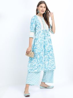 VISHUDH - Women Blue Printed Kurta with Palazzo (Set of 2)