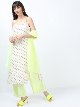 VISHUDH - Women White Floral Kurta with Palazzo & Dupatta (Set of 3)