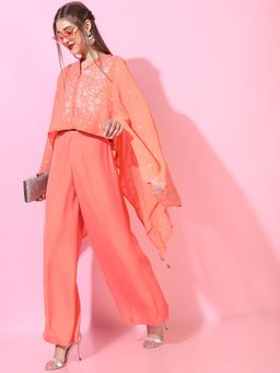 VISHUDH - Women Orange Floral Crop Top with Palazzo (Set of 2)