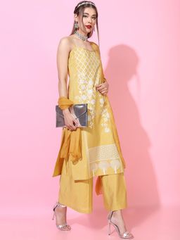 VISHUDH - Women Mustard Floral Kurta with Palazzo & Dupatta (Set of 3)