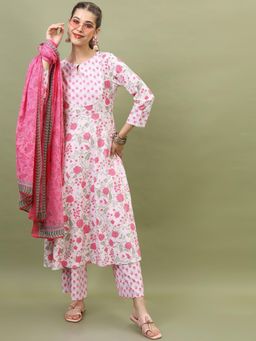 VISHUDH - Women Pink Floral Kurta with Palazzo & Dupatta (Set of 3)