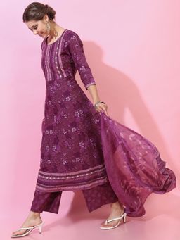 VISHUDH - Women Purple Floral Kurta with Palazzo & Dupatta (Set of 3)