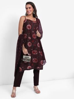 VISHUDH - Women Brown Floral Kurta with Pant & Dupatta (Set of 3)