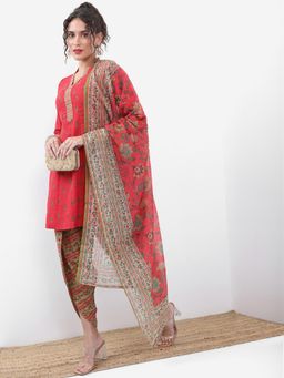 VISHUDH - Women Red Floral Kurti with Dhoti & Dupatta (Set of 3)