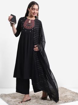 VISHUDH - Women Black Floral Kurta with Palazzo & Dupatta (Set of 3)