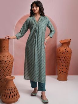 VISHUDH - Women Teal Printed Kurta with Pant & Dupatta (Set of 3)