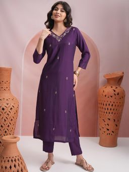 VISHUDH - Women Purple Floral Kurta with Pant (Set of 2)
