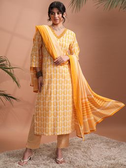 VISHUDH - Women Mustard Floral Kurta with Pant & Dupatta (Set of 3)