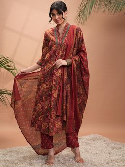 VISHUDH - Women Maroon Floral Kurta with Pant & Dupatta (Set of 3)