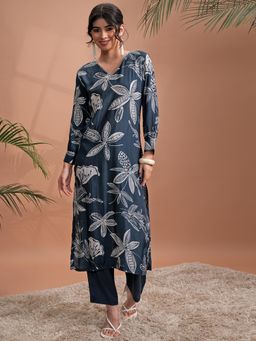VISHUDH - Women Navy Blue Floral Kurta with Pant (Set of 2)