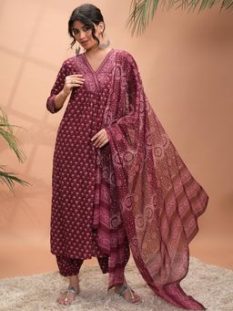 VISHUDH - Women Maroon Printed Kurta with Pant (Set of 2)