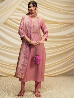 VISHUDH - Women Pink Embroidered Kurta with Pant & Dupatta (Set of 3)