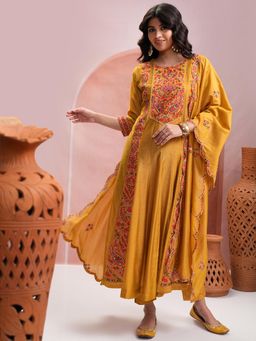 VISHUDH - Women Mustard Embroidered Kurta with Pant & Dupatta (Set of 3)