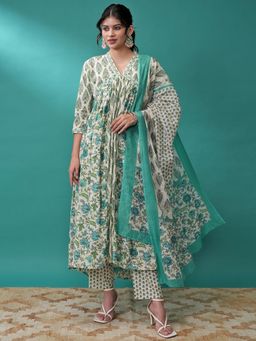 VISHUDH - Women Green Floral Anarkali Kurta with Pant & Dupatta (Set of 3)
