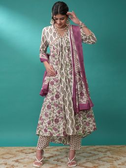 VISHUDH - Women Purple Floral Anarkali Kurta with Pant & Dupatta (Set of 3)