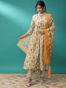 VISHUDH - Women Yellow Floral Anarkali Kurta with Pant & Dupatta (Set of 3)