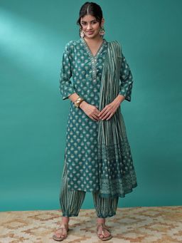 VISHUDH - Women Green Printed Kurta with Pant & Dupatta (Set of 3)