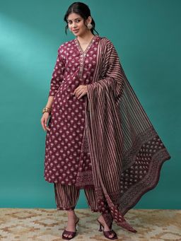 VISHUDH - Women Wine Printed Kurta with Pant & Dupatta (Set of 3)