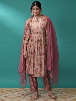 VISHUDH - Women Pink Floral Kurta with Pant & Dupatta (Set of 3)