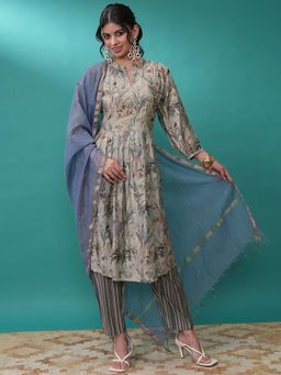 VISHUDH - Women Beige Floral Kurta with Pant & Dupatta (Set of 3)