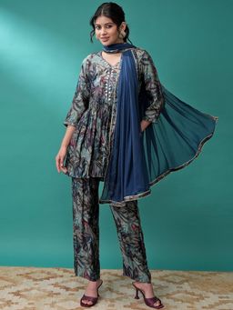 VISHUDH - Women Blue Printed Tunic with Pant & Dupatta (Set of 3)