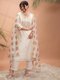 VISHUDH - Women Beige Embroidered Kurta with Pant & Dupatta (Set of 3)