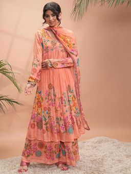 VISHUDH - Women Peach Floral Kurta with Palazzo & Dupatta (Set of 3)