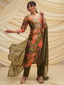 VISHUDH - Women Green Printed Kurta with Pant & Dupatta (Set of 3)