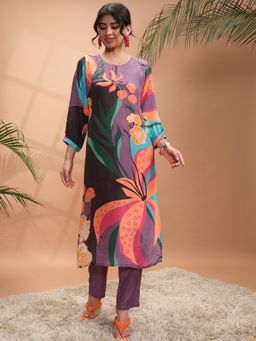 VISHUDH - Women Purple Floral Kurta with Pant (Set of 2)