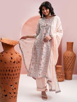 VISHUDH - Women Peach Floral Kurta with Pant & Dupatta (Set of 3)