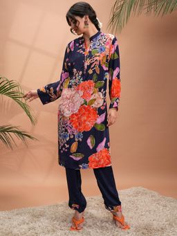 VISHUDH - Women Navy Blue Floral Kurta with Pant (Set of 2)