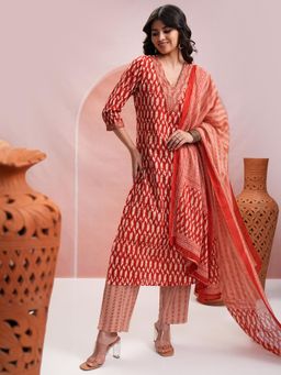 VISHUDH - Women Red Printed Kurta with Pant & Dupatta (Set of 3)