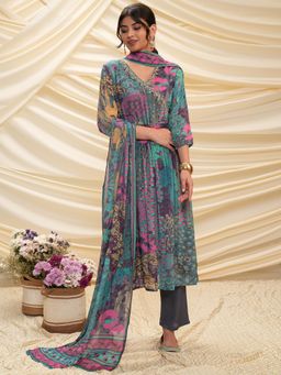 VISHUDH - Women Navy Blue Printed Angrakha Kurta with Pant & Dupatta (Set of 3)