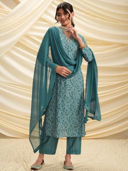 VISHUDH - Women Teal Paisley Kurta with Pant & Dupatta (Set of 3)