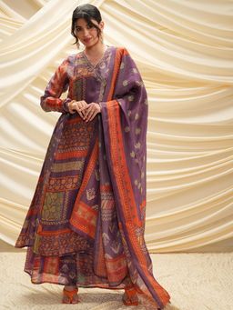 VISHUDH - Women Purple Floral Angrakha Kurta with Palazzo & Dupatta (Set of 3)