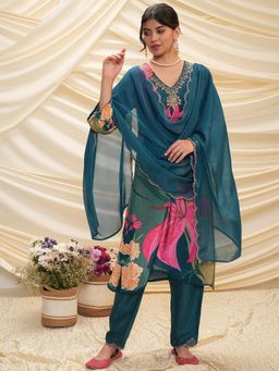 VISHUDH - Women Teal Floral Kurta with Pant & Dupatta (Set of 3)