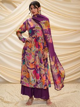 VISHUDH - Women Purple Floral Kurta with Palazzo & Dupatta (Set of 3)