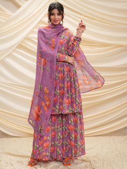 VISHUDH - Women Purple Floral Kurta with Sharara & Dupatta (Set of 3)