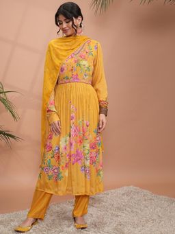 VISHUDH - Women Mustard Floral Kurta with Pant & Dupatta (Set of 3)
