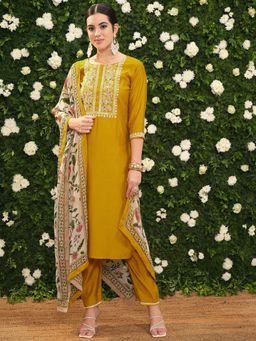 VISHUDH - Women Mustard Floral Kurta with Pant & Dupatta (Set of 3)