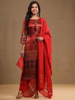 VISHUDH - Women Red Floral Kurta with Pant & Dupatta (Set of 3)