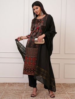 VISHUDH - Women Black Floral Kurta with Pant & Dupatta (Set of 3)