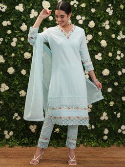 VISHUDH - Women Blue Floral Kurta with Pant & Dupatta (Set of 3)